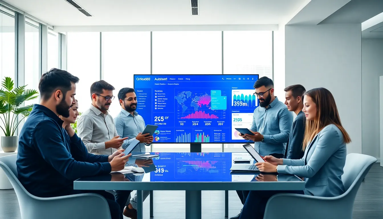 diverse team collaborating around a digital interface in a modern workspace.